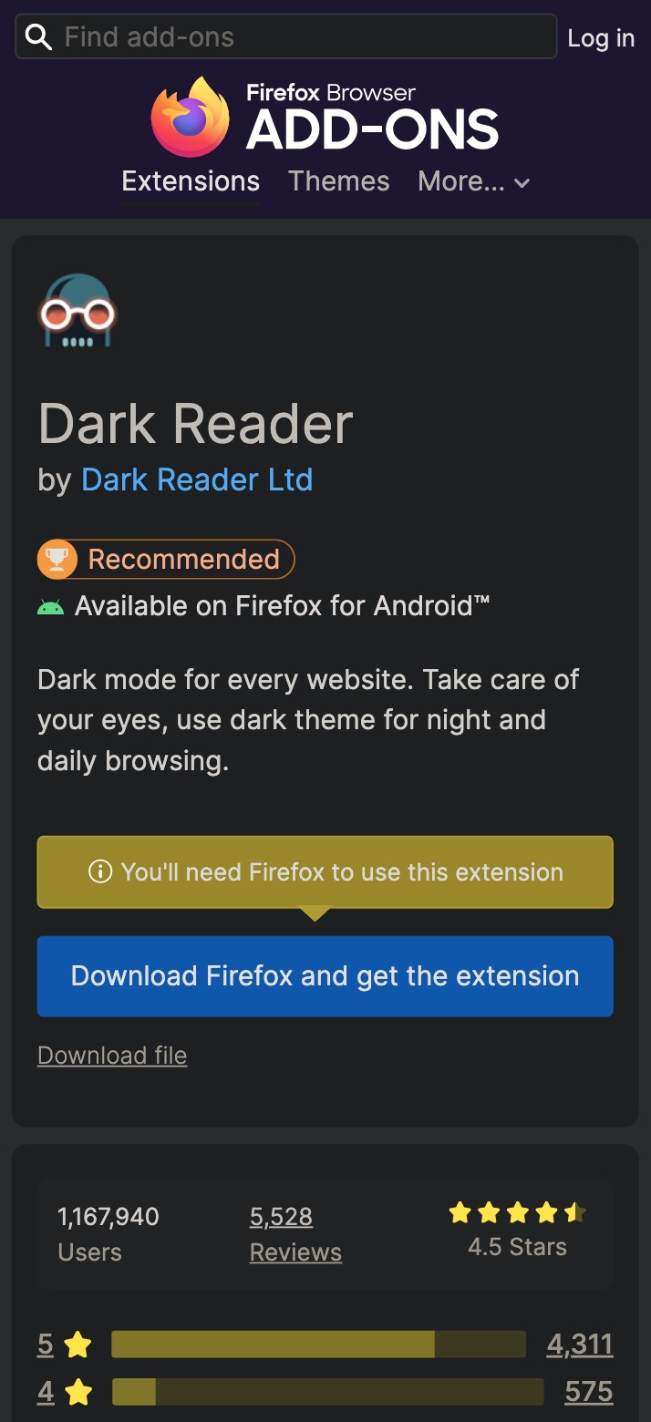 AndroidのDark Readerのダウンロードページの画面。