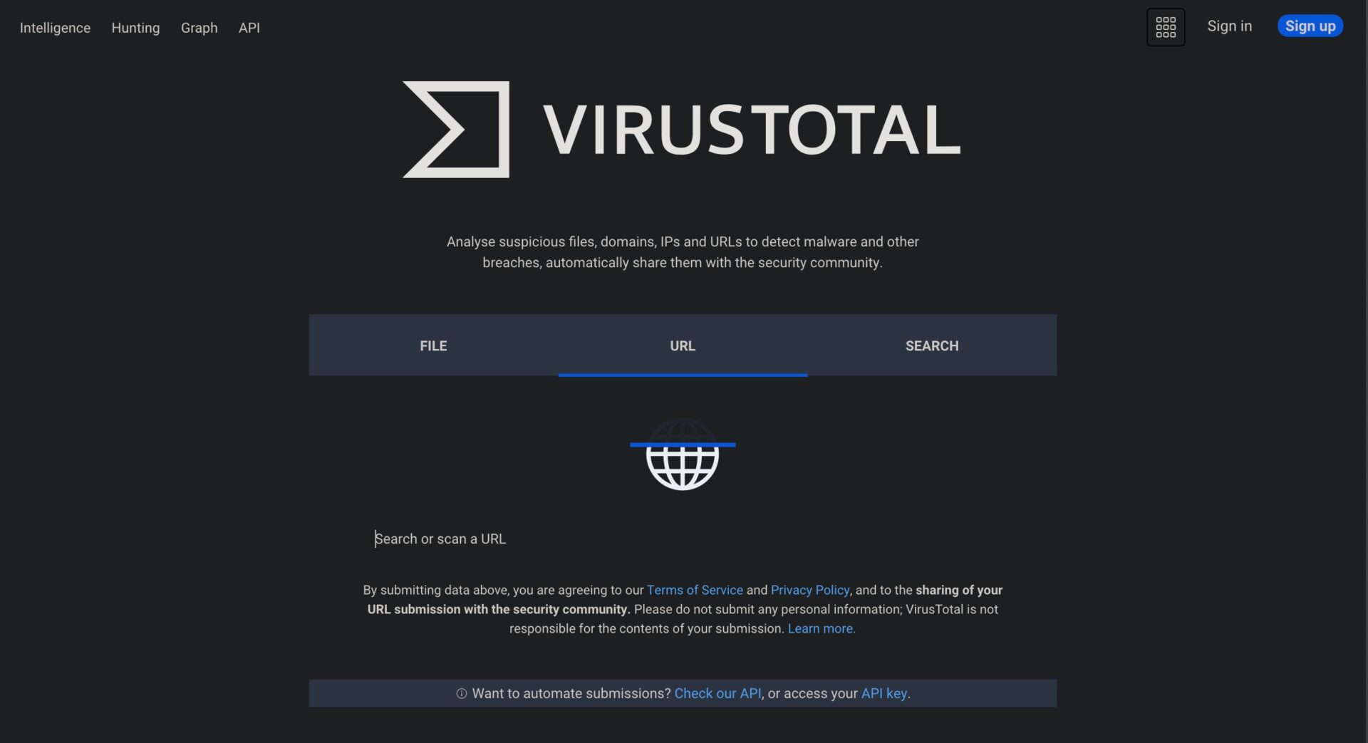 VirusTotal ファイルやウェブサイトのマルウェア検査。 