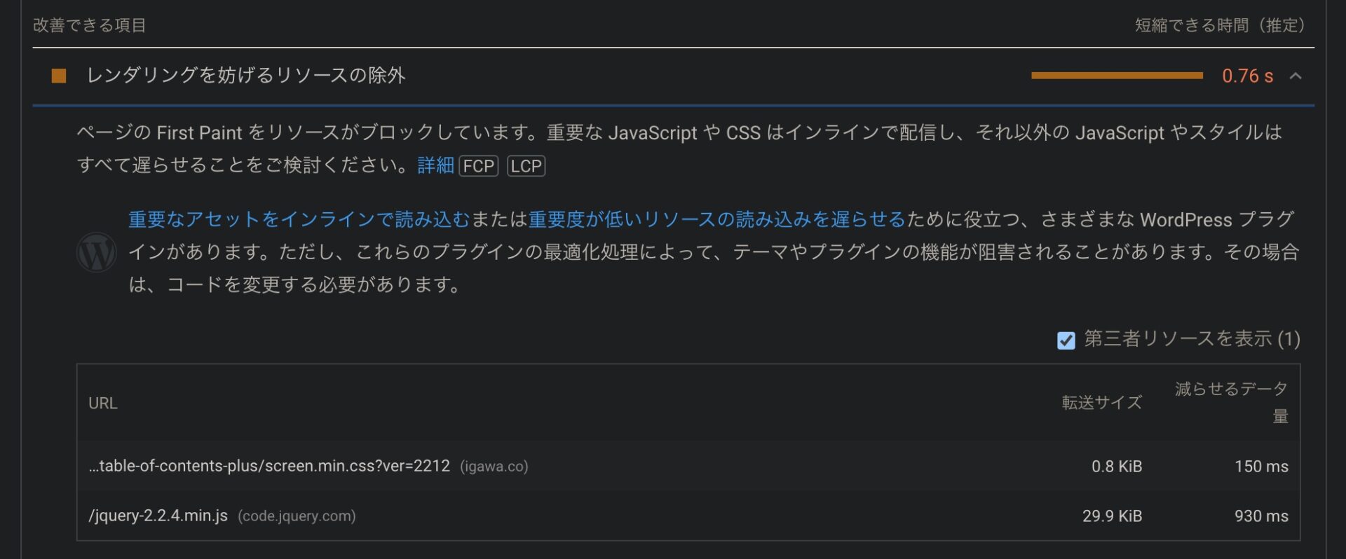 PageSpeed Insightsの測定結果。