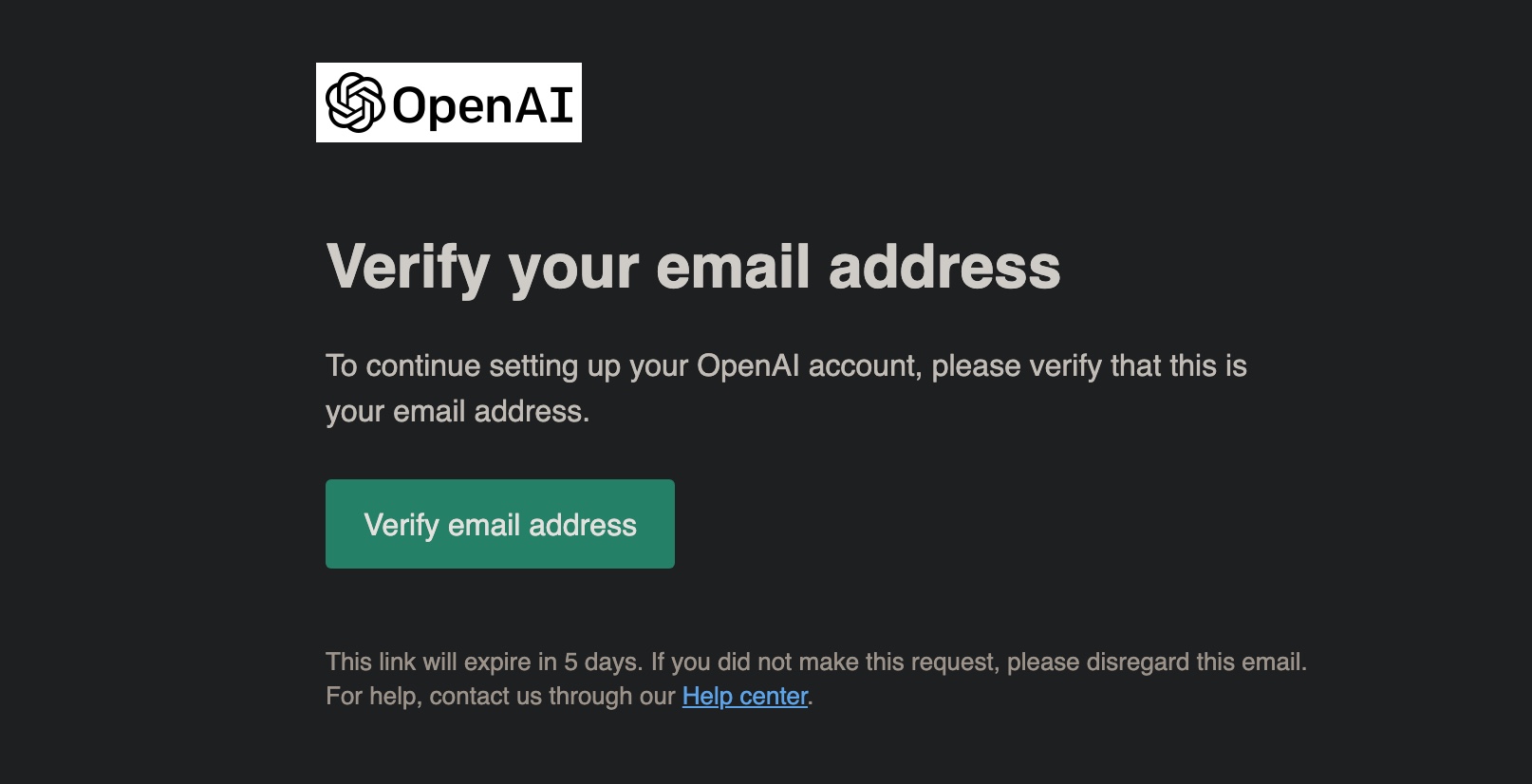 ChatGPTの始め方、使い方。OpenAIからの認証メールの画面。（英語）