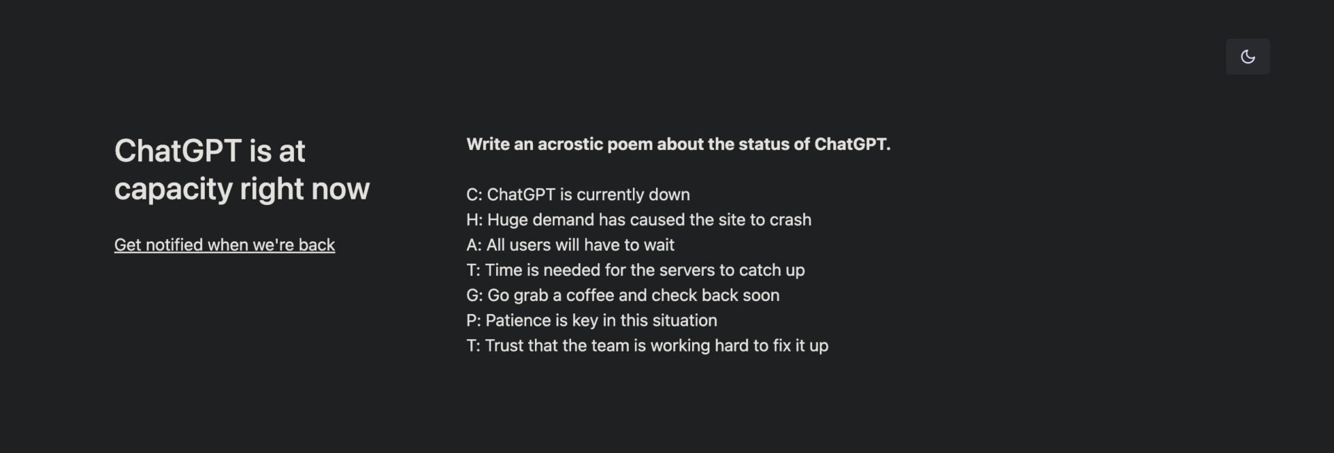 ChatGPT は現在定員に達しています。の画面。