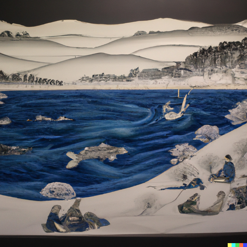 DALL·Eによる、北斎風の札幌のような風景画。