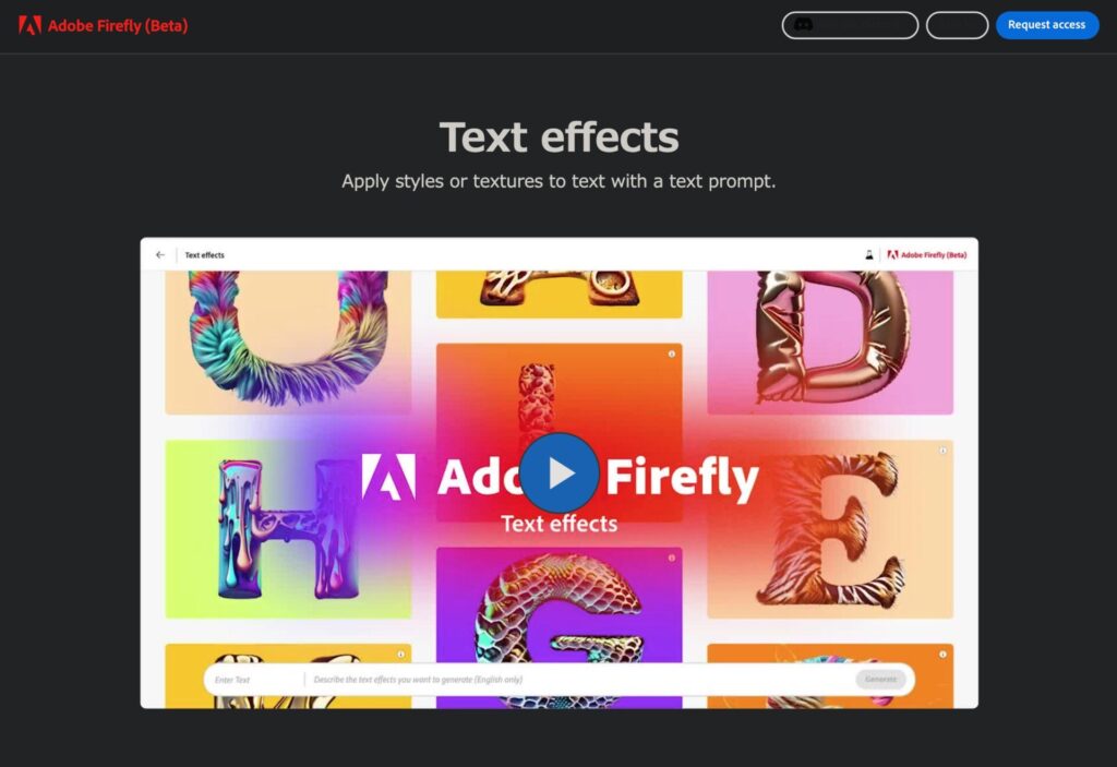 Adobe FireflyのText effects
（テキスト効果）のページのスクショ。