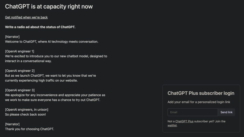 ChatGPTにログインできない。（英語）の画面。