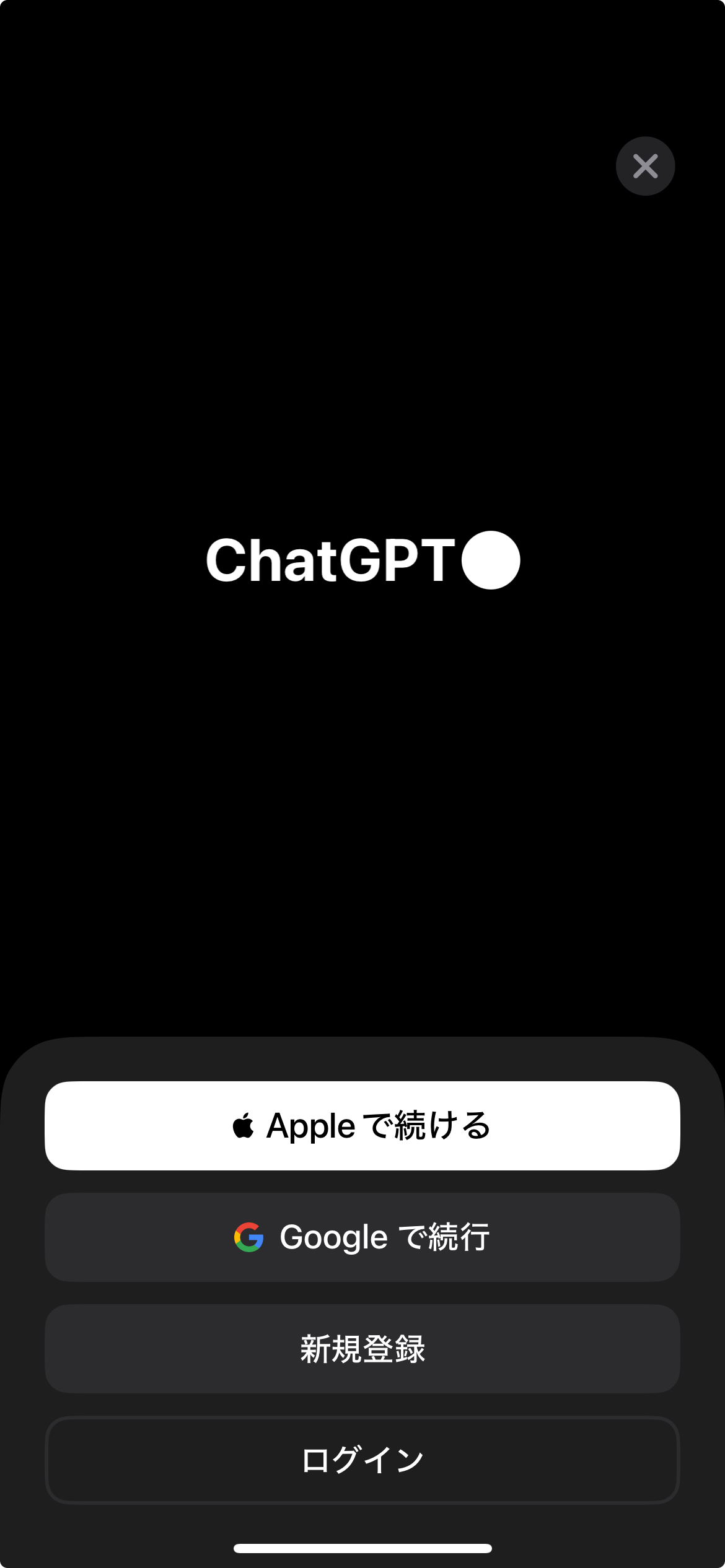 ChatGPTアプリの起動後の画面。