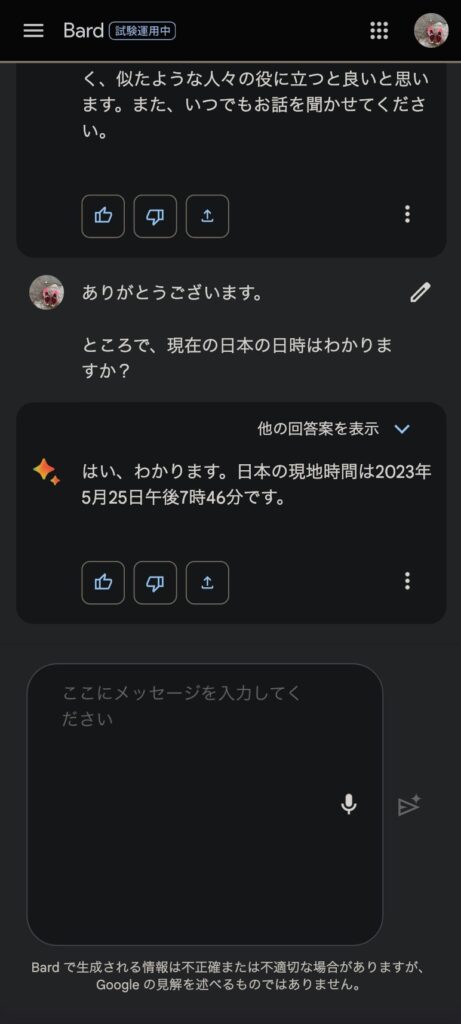 ardとチャットのやりとり「現在の日本の日時はわかりますか？」の質問と回答の画面。
