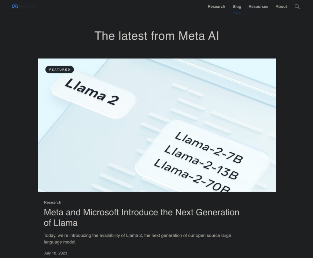 Meta AI Blogによる、MetaとMicrosoftのLlama2の発表の画面。
