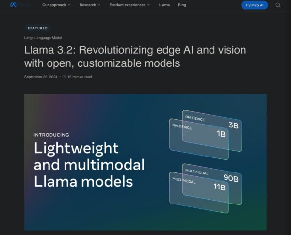 Meta社のサイト、Llama 3.2 のご紹介の画面。