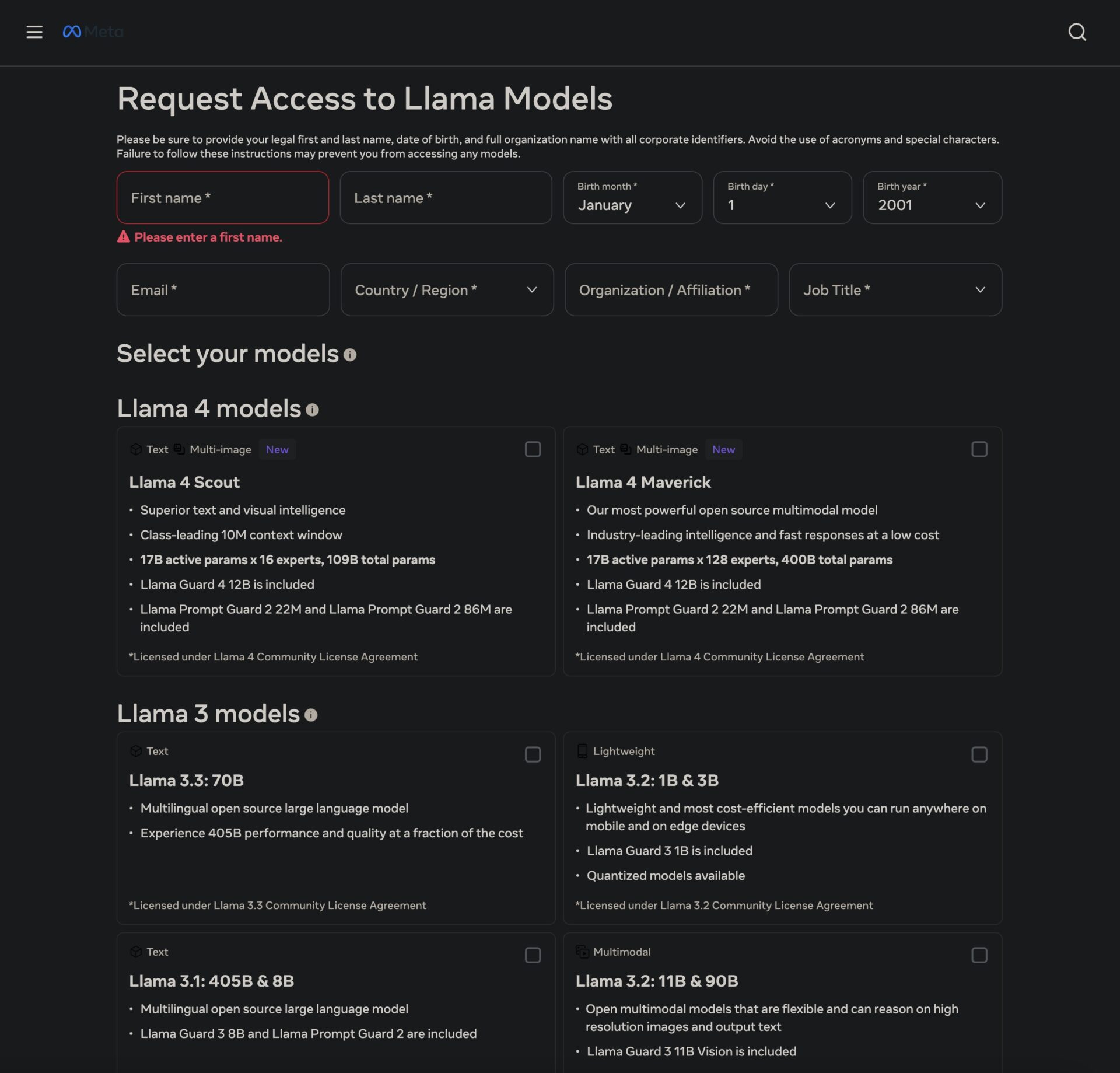 Meta Llamaのダウンロードサイトの画像。