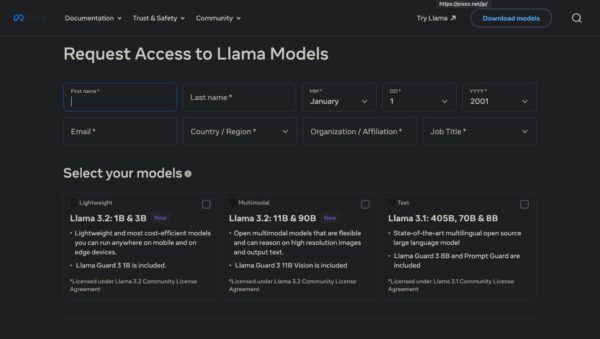 Meta Llamaのダウンロードサイトの画像。