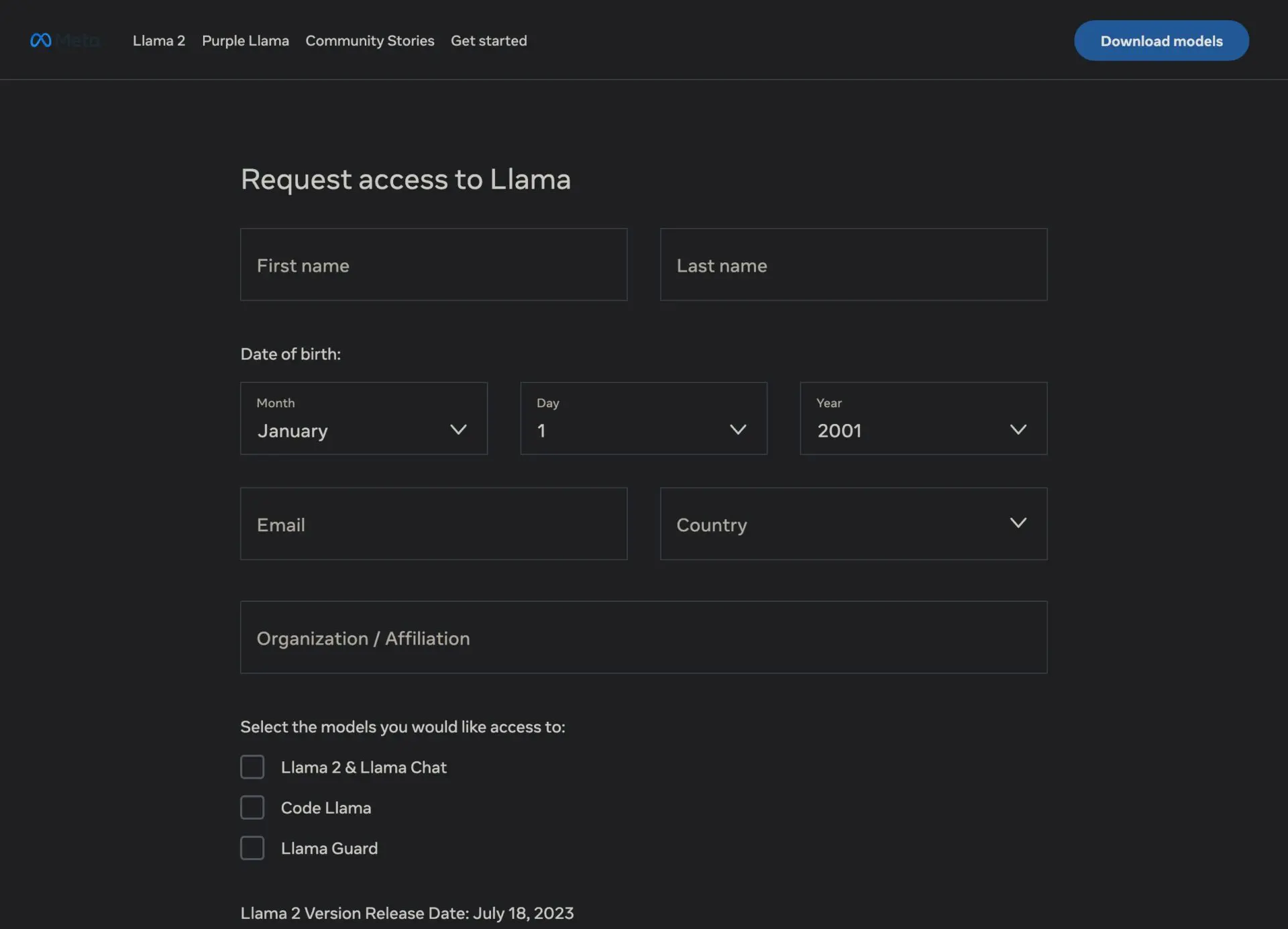 Llama 2のダウンロードページの画面。