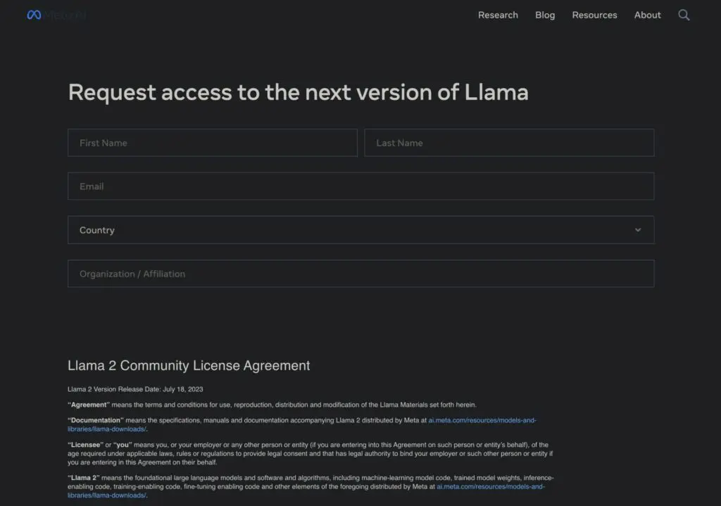 Llama 2のアカウント作成画面。
