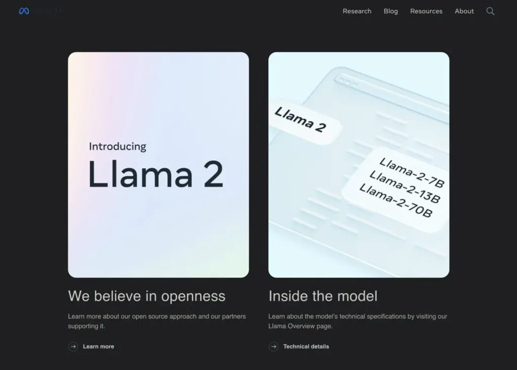 Llama 2はオープンソースで利用可能。Meta AIの画面。