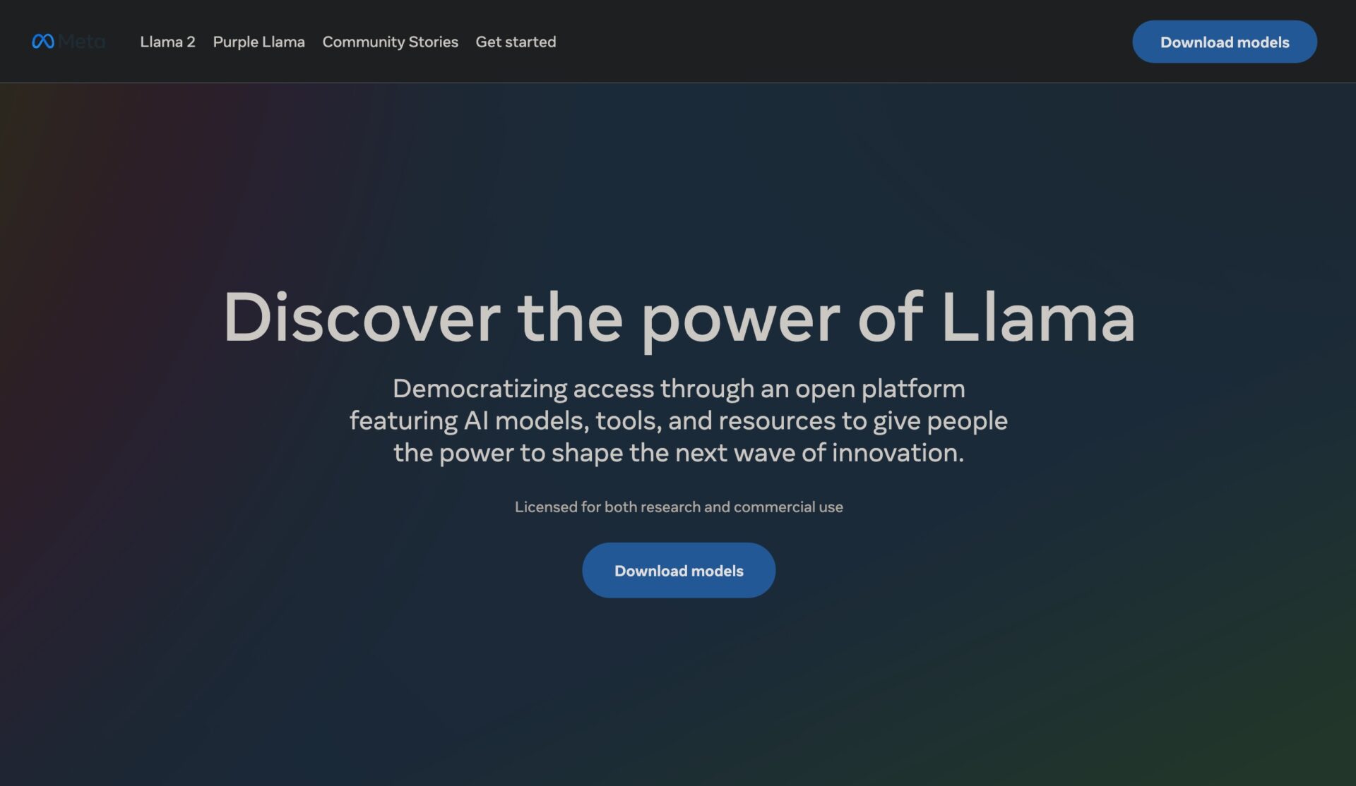 Llama 2のダウンロードサイトのスクショ。