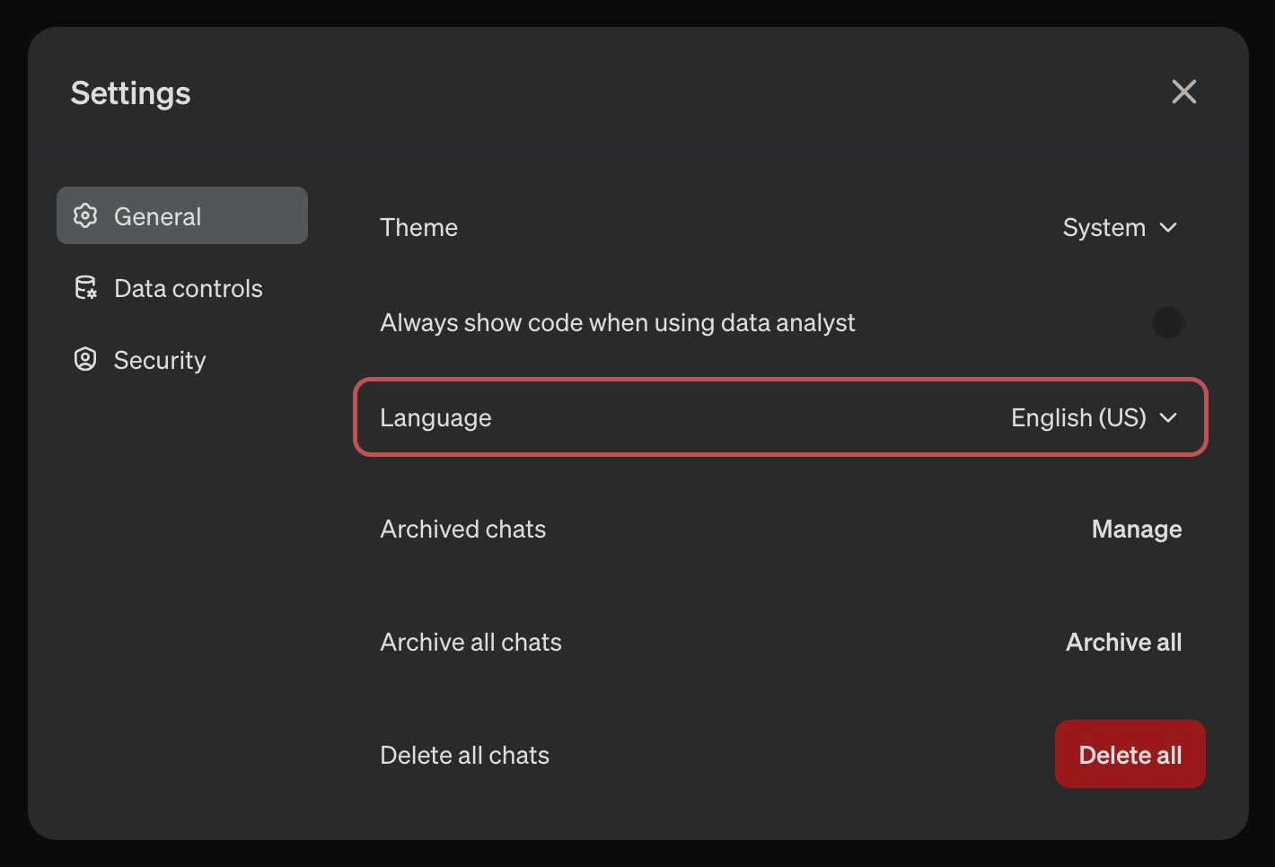 ChatGPTの設定画面で、日本語に変更できる。