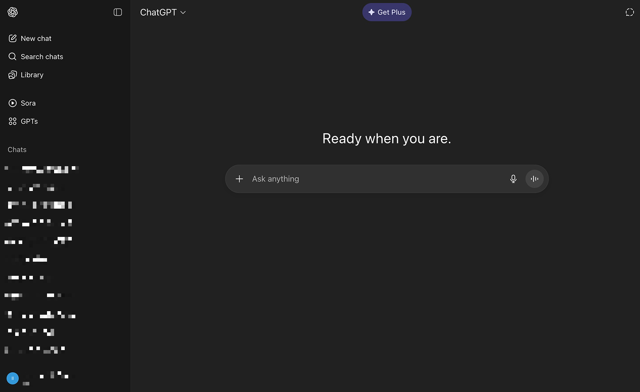 ChatGPTのログイン後の画面。 ChatGPTのログイン後の画面。