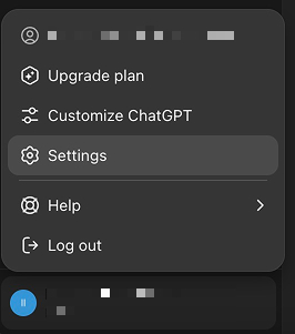 ChatGPTのアカウント名から設定へ進む画面。 ChatGPTのアカウント名から設定へ進む画面。
