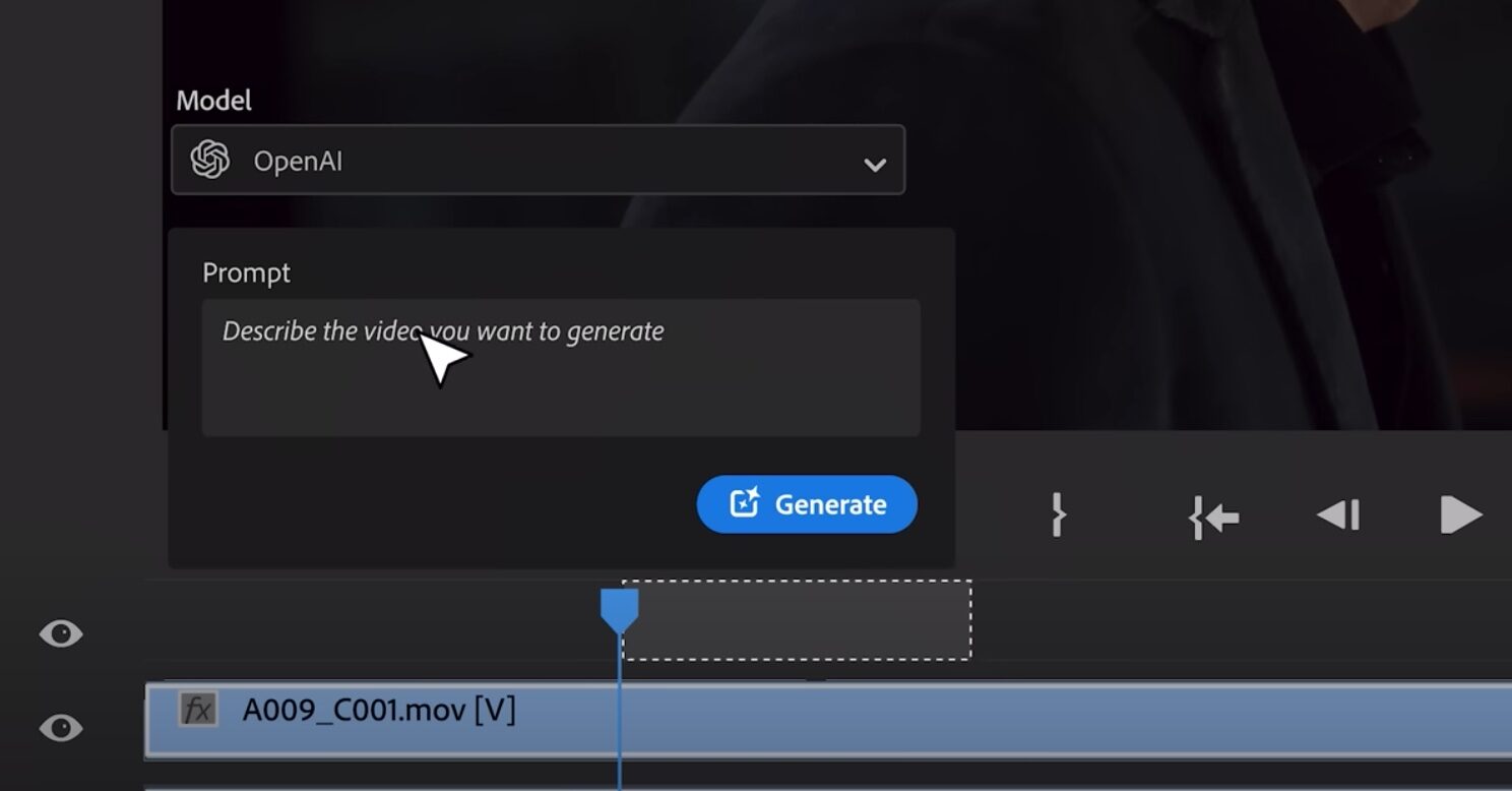 Premiere ProでSoraへプロンプト入力している画面。