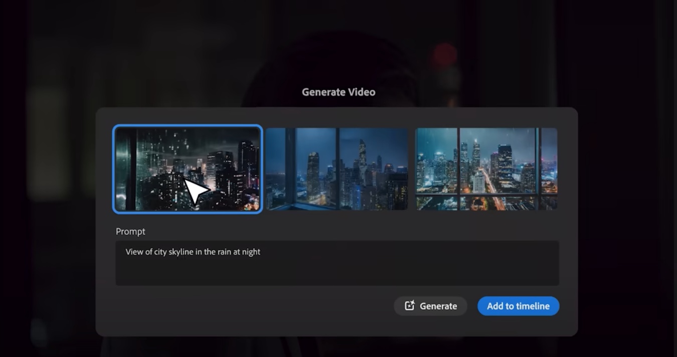 Premiere ProでSoraへプロンプト入力による生成動画の選択画面。