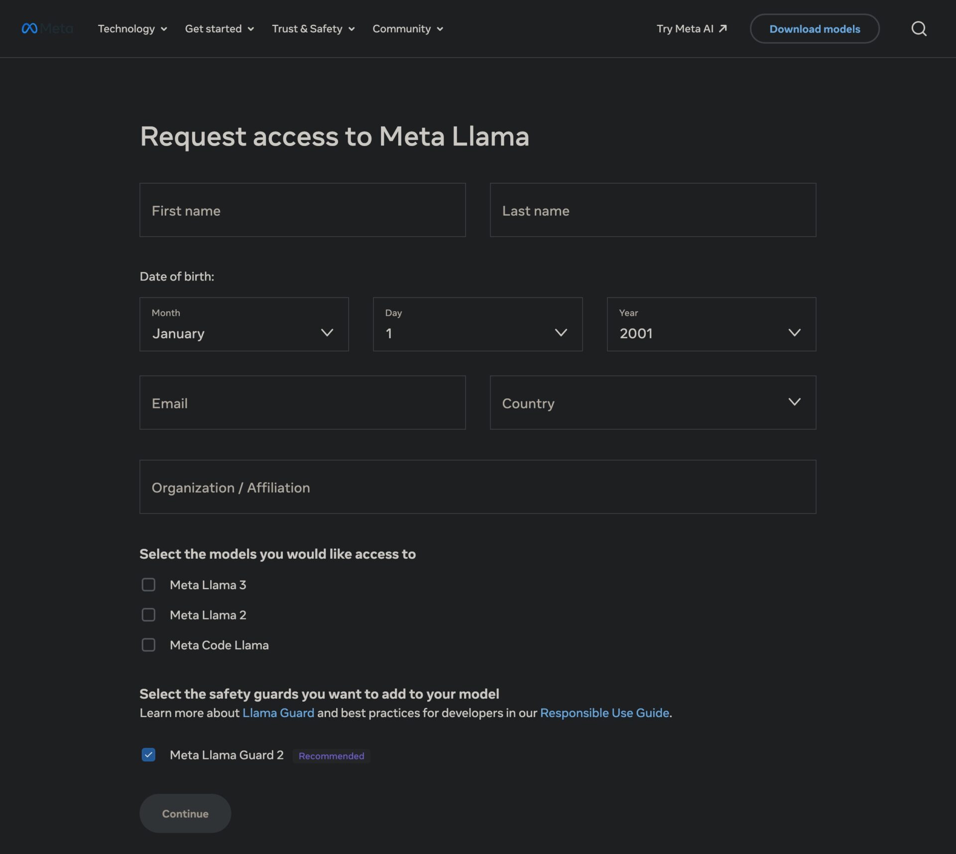 Meta Llamaのダウンロードサイトの画像。