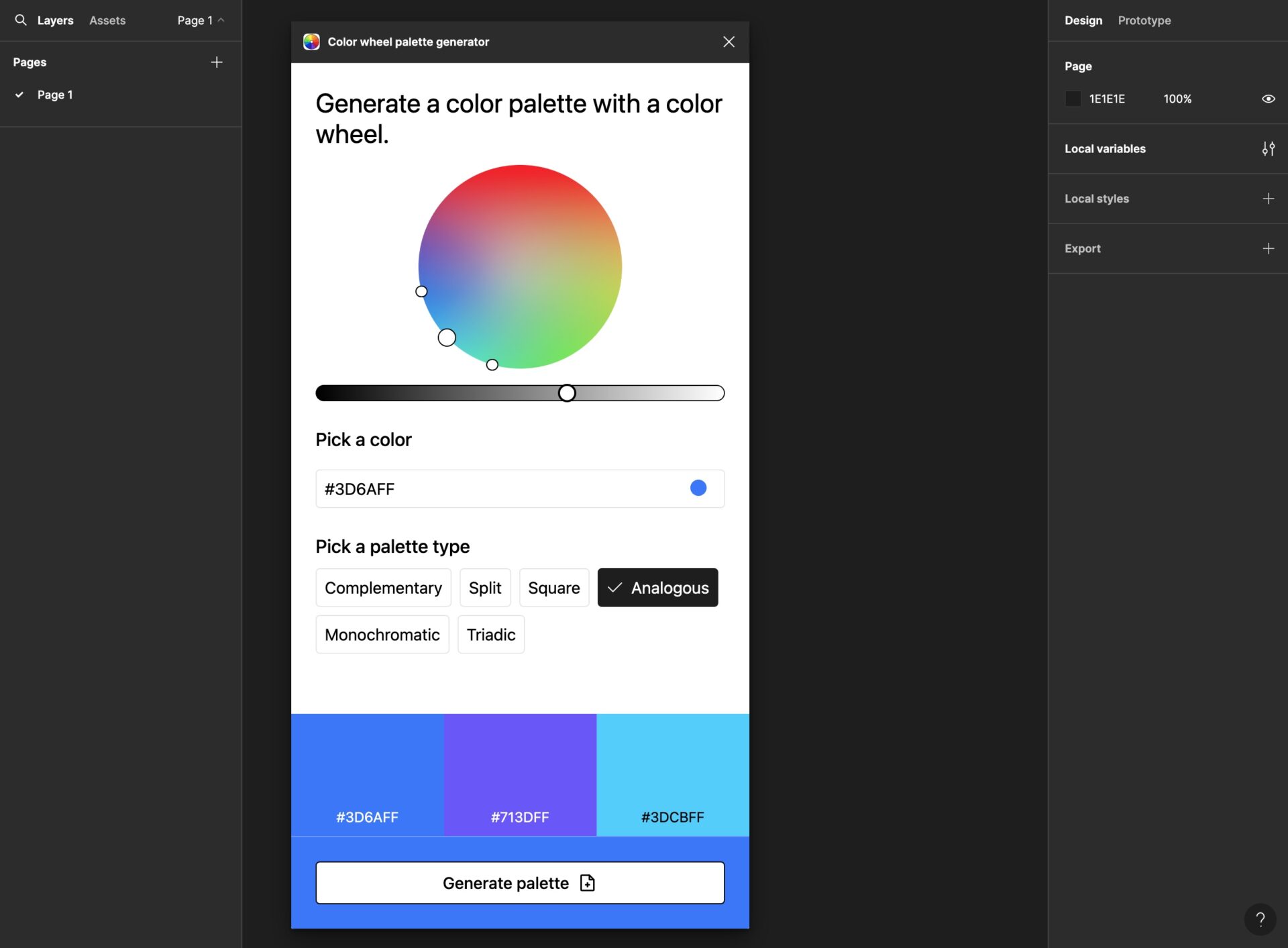 Color wheel palette generatorの、Analogous（類似色）の画像。