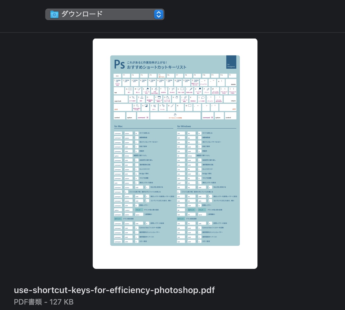PhotoshopのキーボードショートカットのPDFファイルを選択した画像。