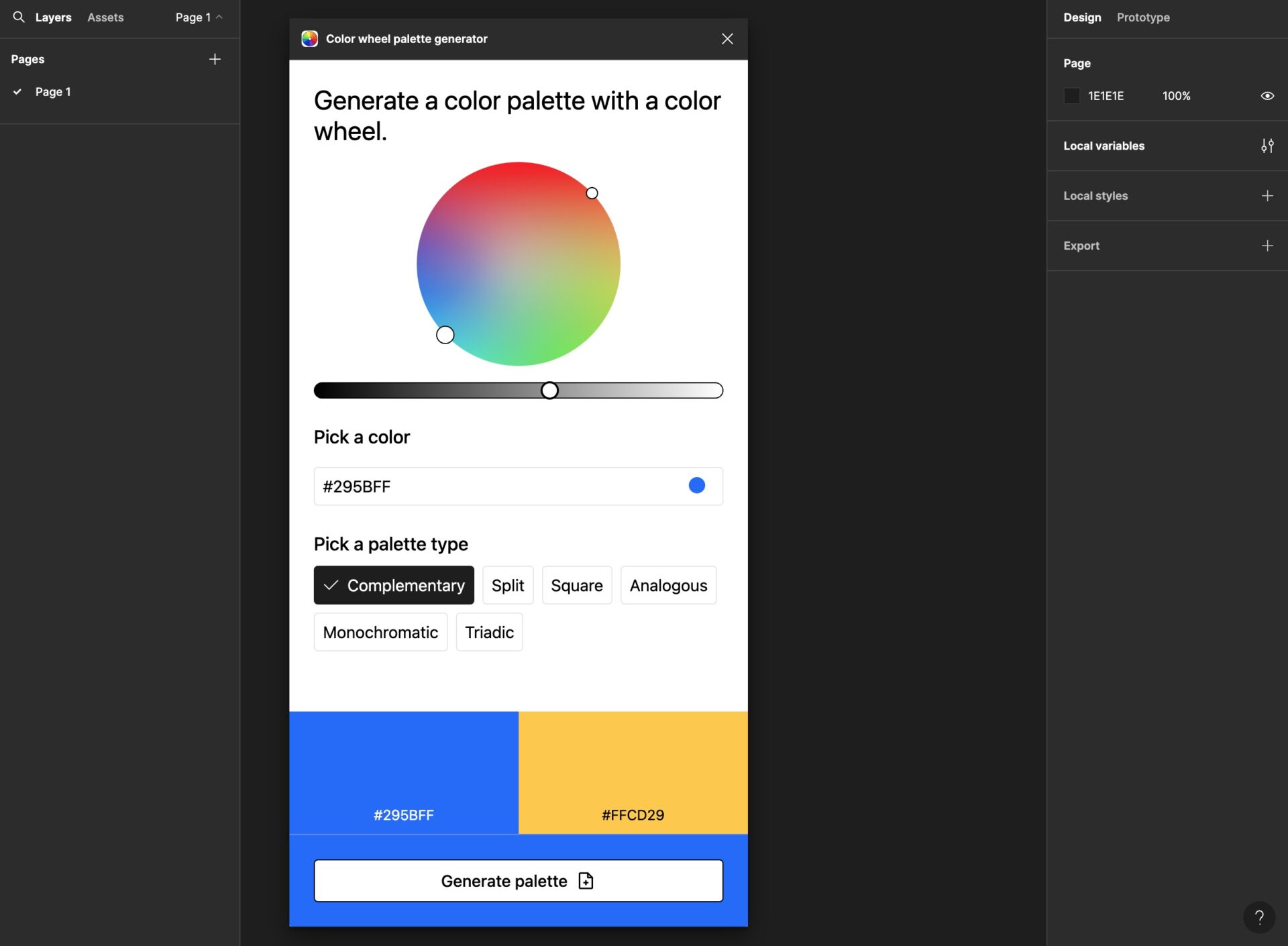 Color wheel palette generatorの、Complementary（補色）の画像。