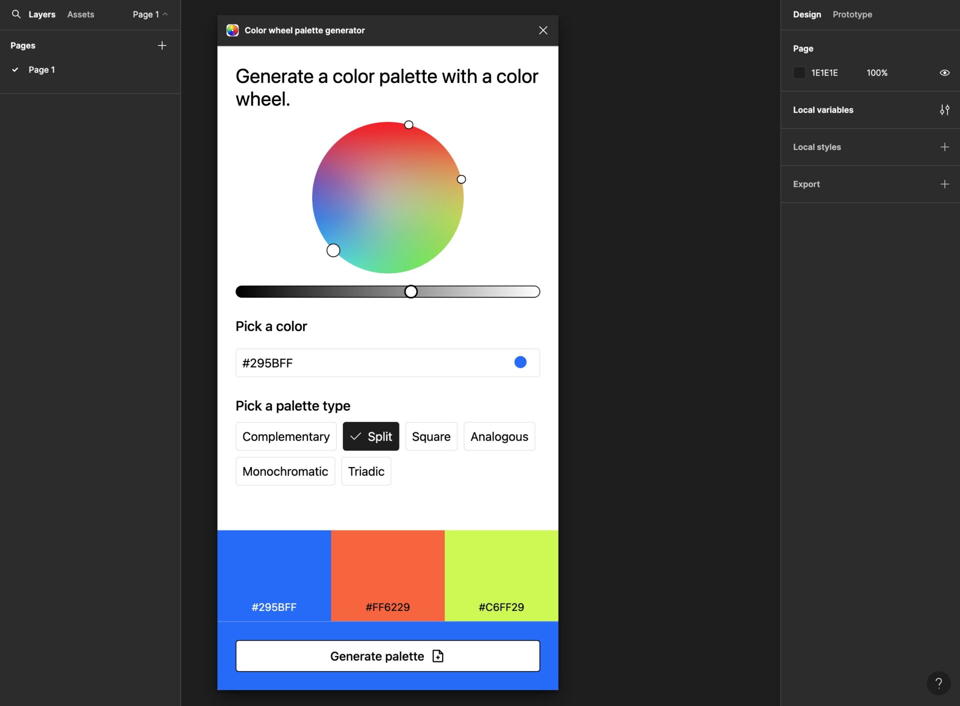 Color wheel palette generatorの、Split（分割補色）の画像。