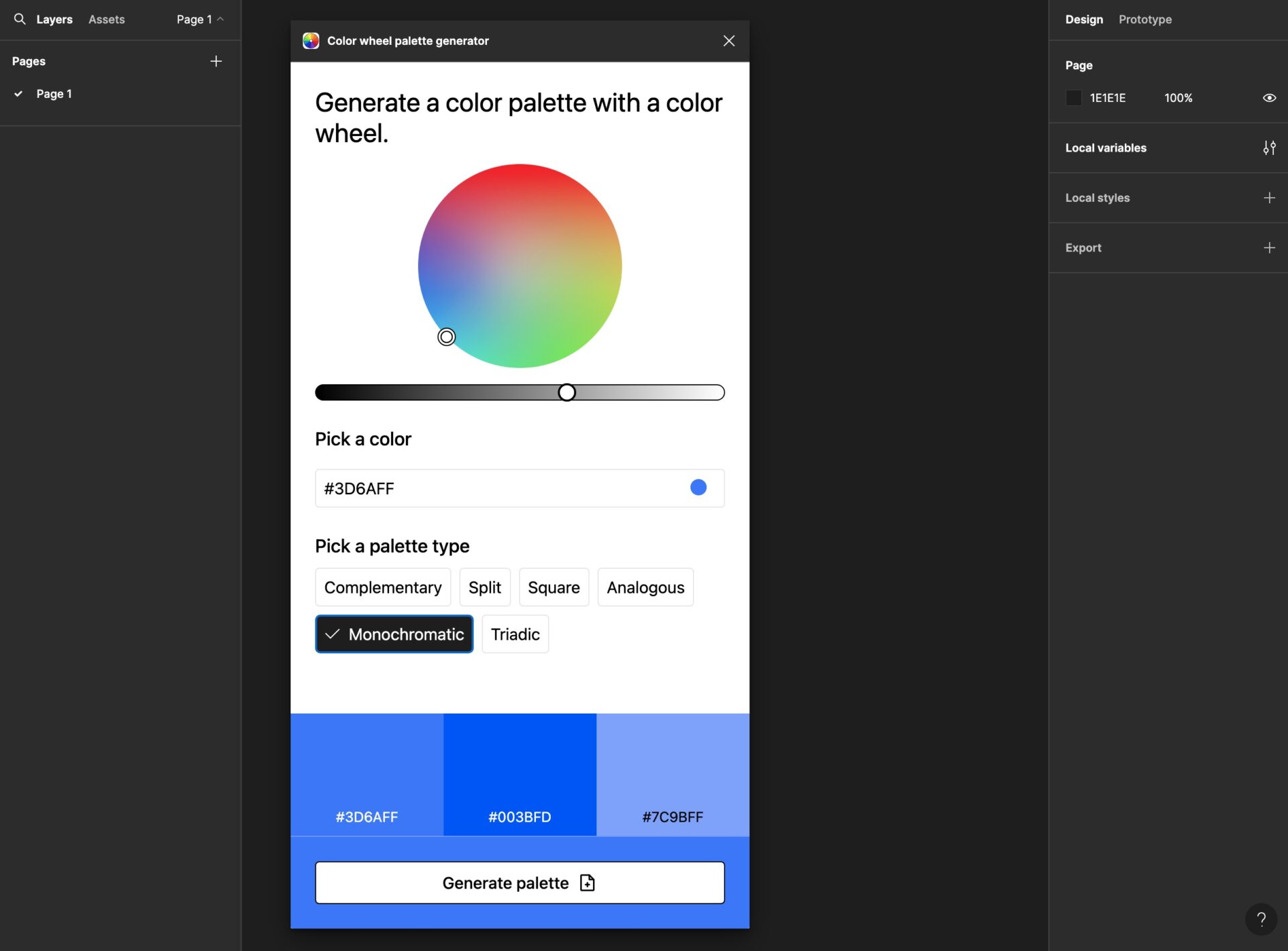 Color wheel palette generatorの、Monochromatic（単色）の画像。