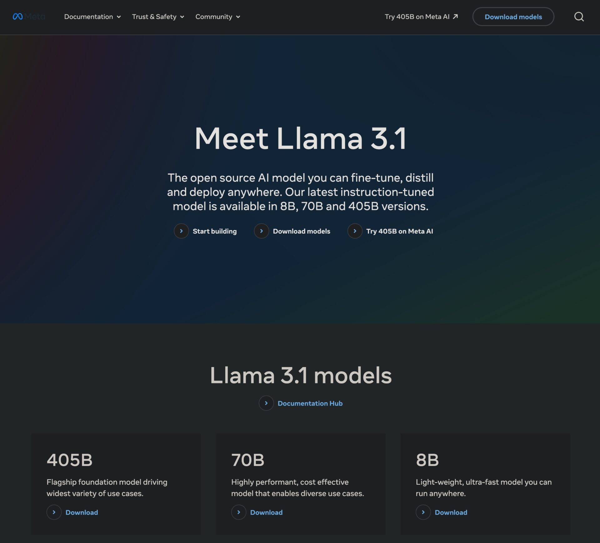 Llama 3.1をローカルへ。Meta社のサイト。