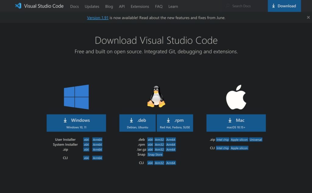 VS Codeのダウンロード画面。