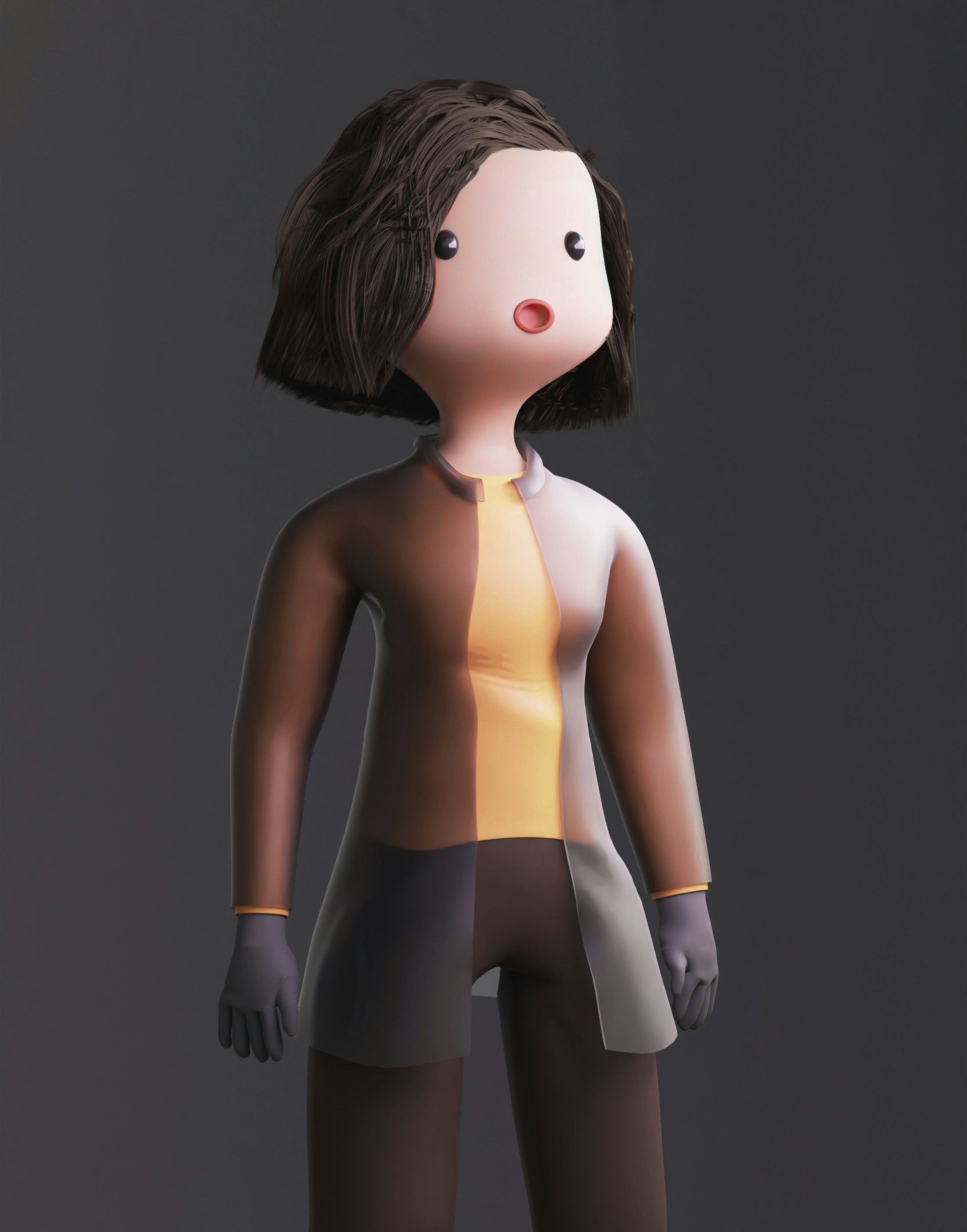 黄色いシャツと黒いズボンをはいた女性の画像。