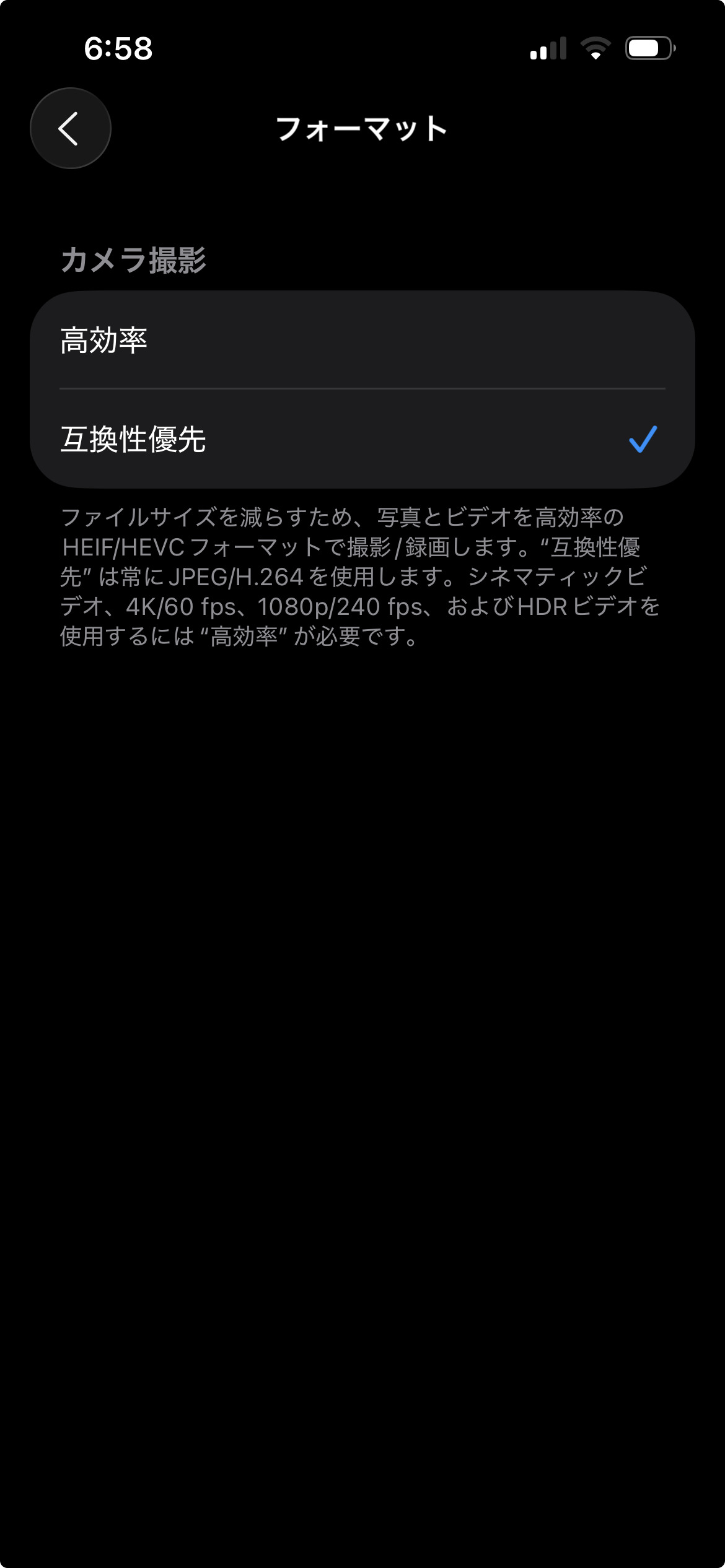 iOS 26のカメラの画像形式の画像。