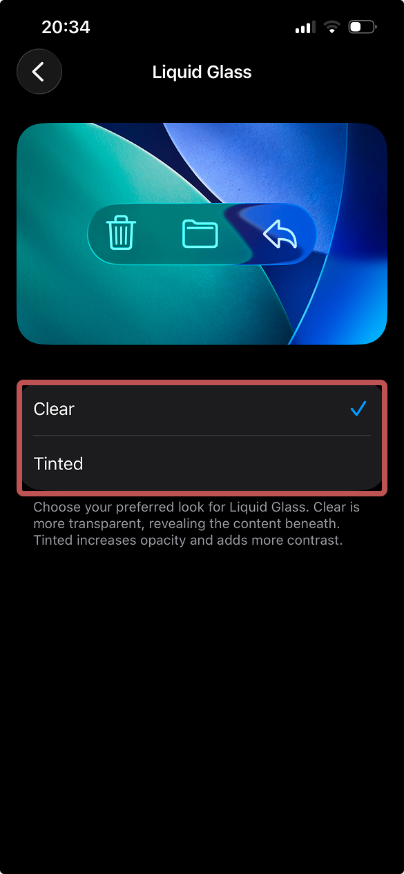 Liquid Glassをオフに近づけるTintedの説明画像。